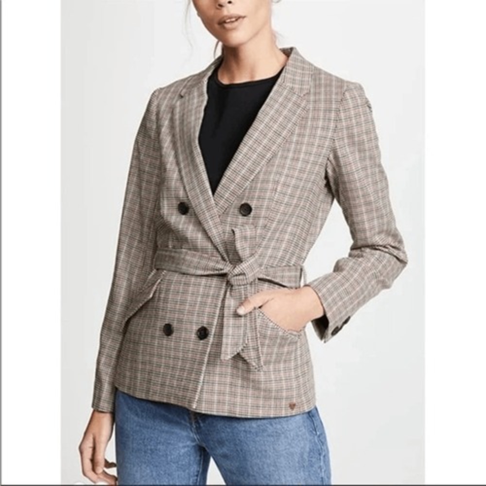 Scotch & Soda Maison Scotch Houndstooth Belted Blazer Wool Blend XS Brown Multi